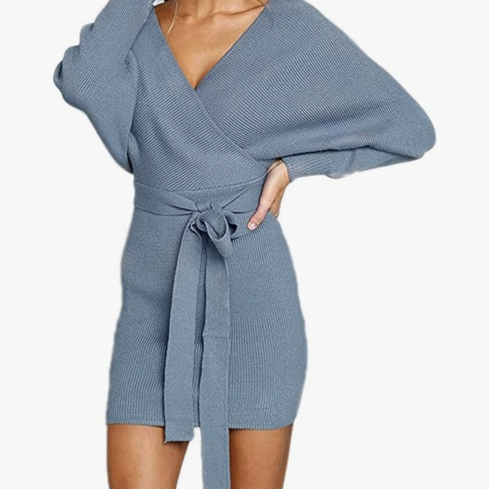 Blue Batwing-sleeve Knit Dress